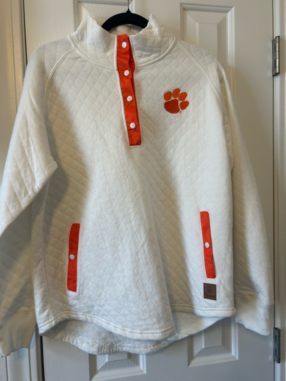 Clemson White Quilted Pullover Hoodie with Orange Trim and Paw Accent